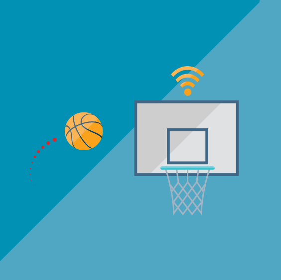 Image of basketball moving towards basketball hoop with wi-fi icon above hoop.