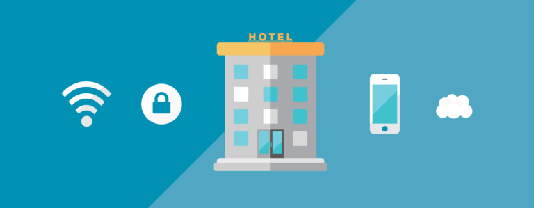 Illustration of hotel, lock, wi-fi signal, mobile device and cloud
