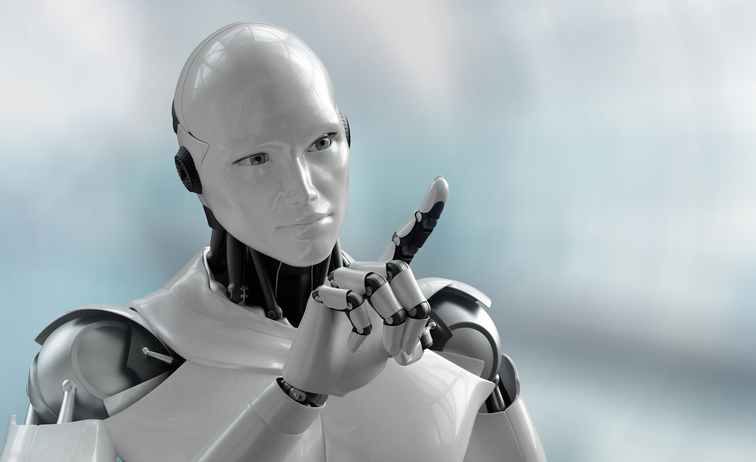 Artificial Intelligence robot looking at its index finger.