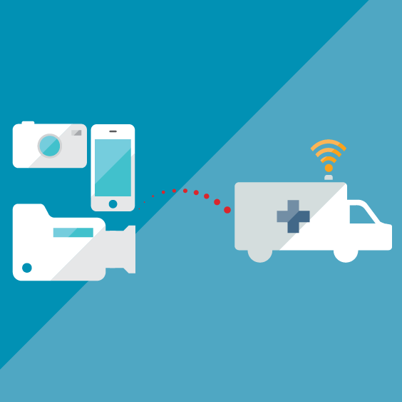 Camera, iPhone, and surveillance camera sending information to an ambulance through Wi-Fi.