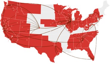 Map of United States with Frontier's service footprint indicated by red states.
