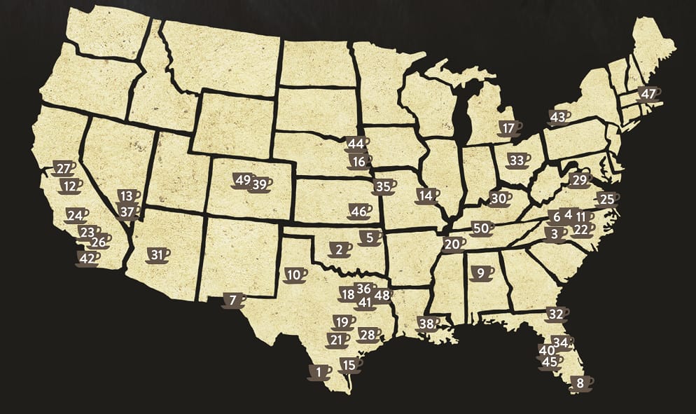 Map of Best Places to Open a Coffee Shop in the USA