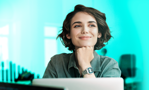 Girl thinking at computer