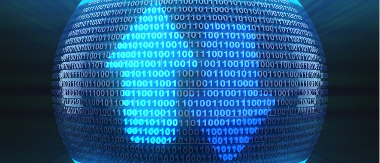 Illustration of binary code in the shape of a sphere.